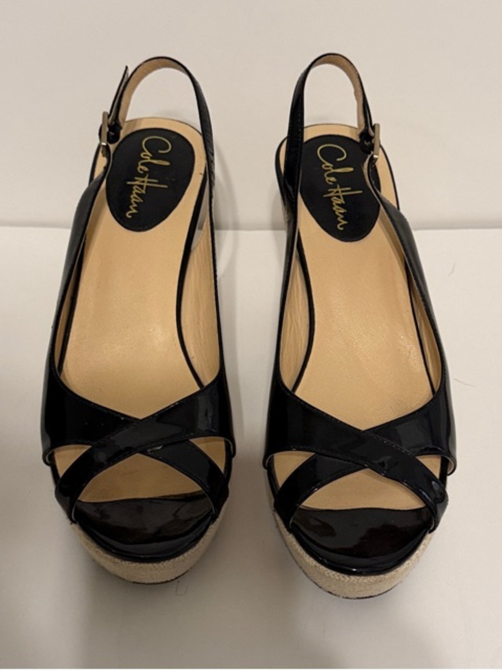 Cole Haan Black Patent Leather Crisscross Slingback Wedges